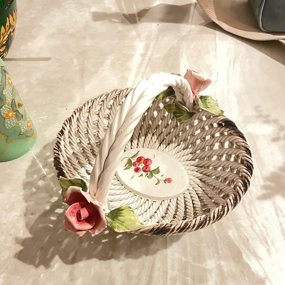 Capodimonte Vintage Porcelain Woven Basket with Flowers